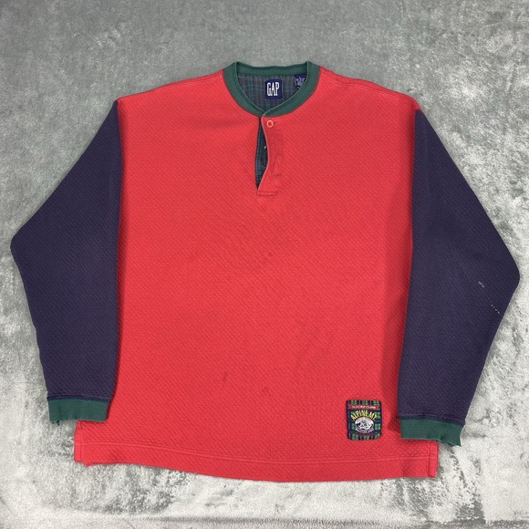 GAP Other - Vtg Gap Shirt Mens Sz L Red Colorblock Henley Quilted Whistler Lodge Patch 90s